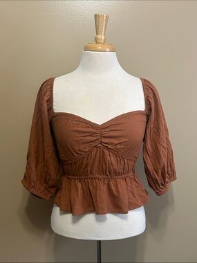 Women's Rust Peplum Puff Sleeve Top